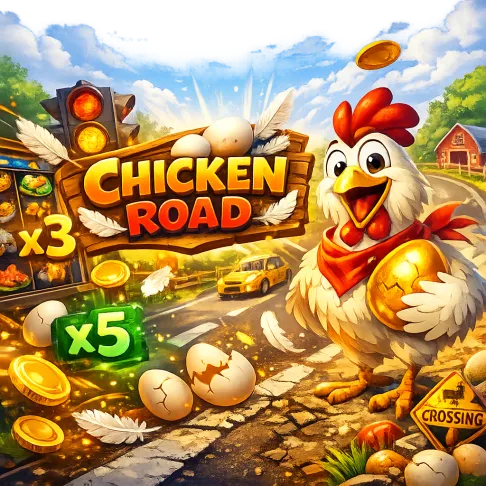 Bright promotional image for Chicken Road game with funny chicken, road lanes, eggs, and coins.