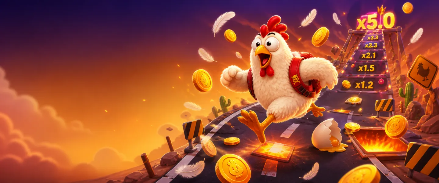 Bright and dynamic banner for Chicken Road slot with road lanes, feathers, eggs, and coins.