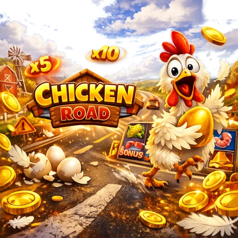 Bright dynamic image for Chicken Road slot, featuring a funny chicken on a road with coins, eggs, and playful crash-game elem